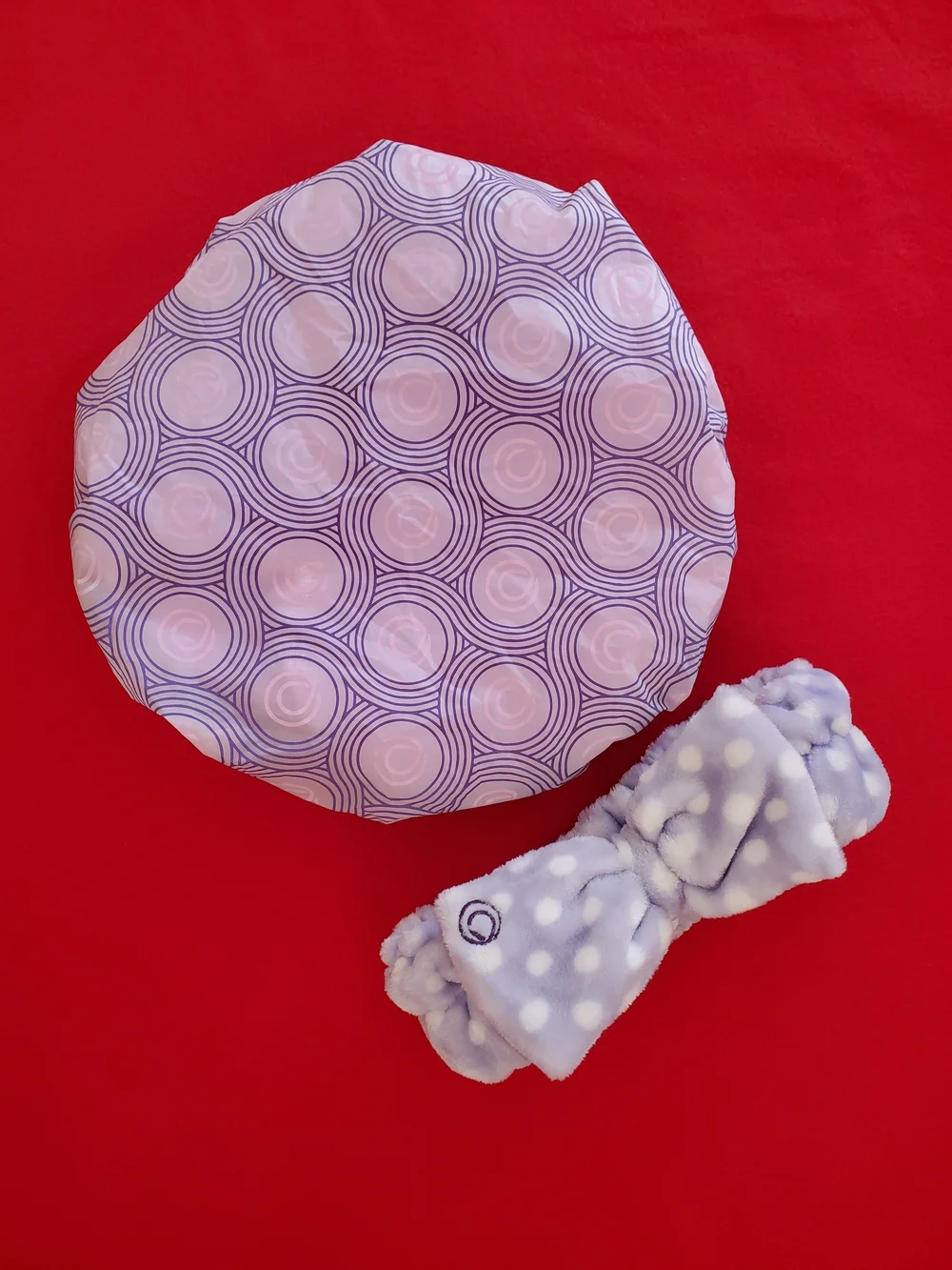 NEW Women's Purple & Pink Shower Cap & Headband Set - Soft Polka Dot Design
